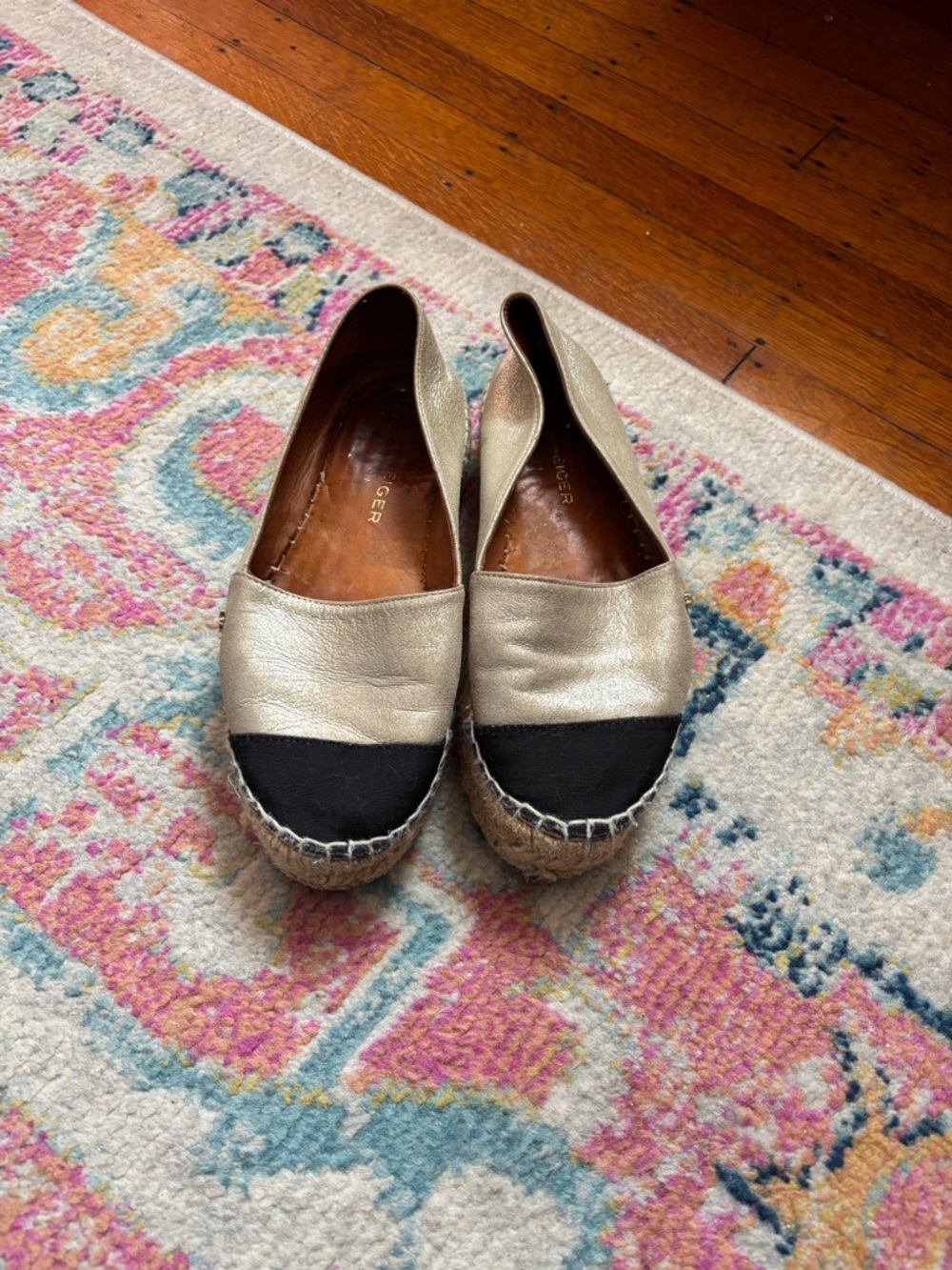 Kurt Geiger Metallic Gold Espadrille Flats with Black Toe Cap